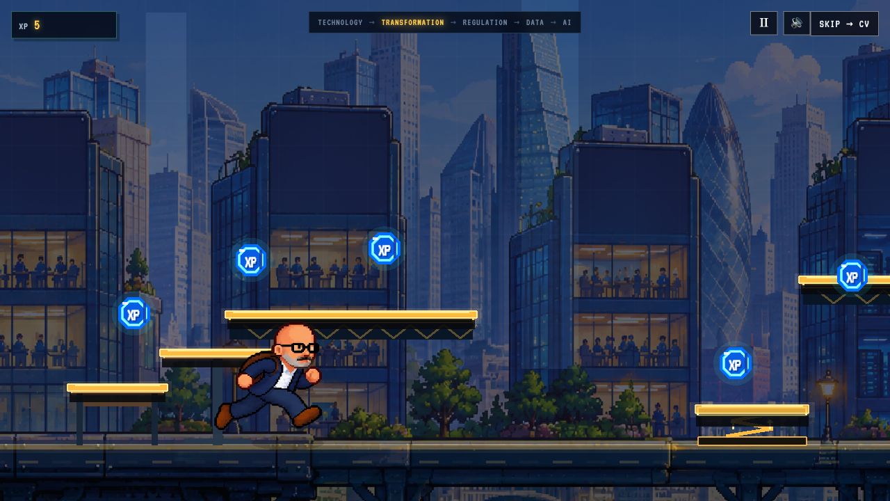 Jeremy running through the Transformation stage of Career Run Version 23, surrounded by XP tokens and elevated platforms
